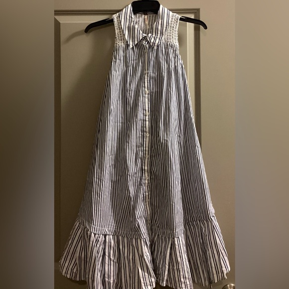 Free People Be Real Mini Dress Medium Striped Blue/White Ruffle 100% Cotton - Picture 4 of 14